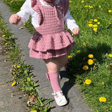 Load image into Gallery viewer, Little Girls crocheted Romper Suit with twin layered frilly skirt and frills around the straps, pictured in colour pale rose
